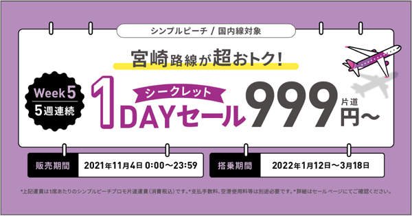 ピーチの5週連続「シークレット1DAYセール」、ラストは宮崎線が片道999円～！