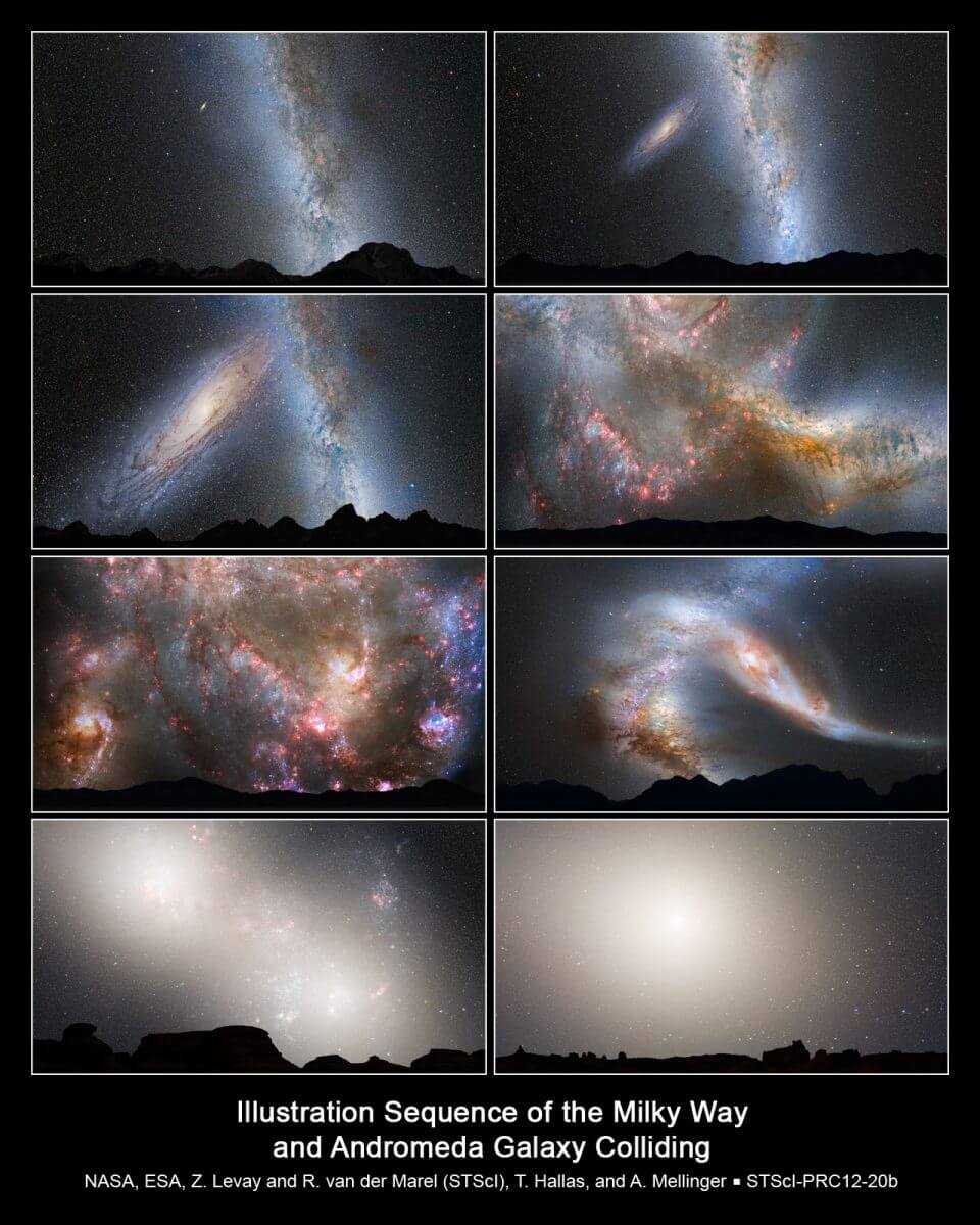 夜空で眺める銀河の合体を1つの画像にまとめたもの