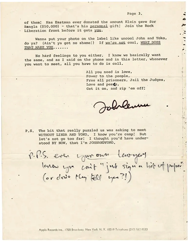 A letter penned by John Lennon to Paul McCartney following the breakup of The Beatles